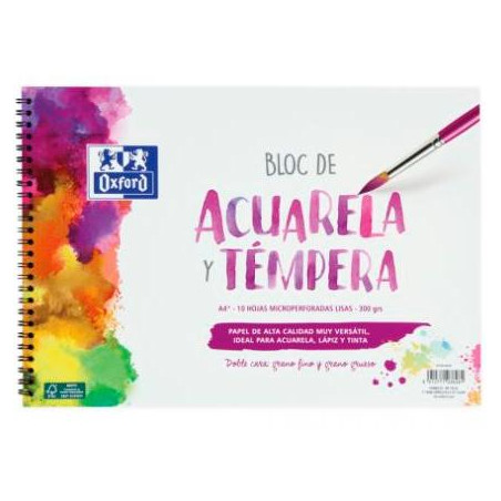 400148238 OXFORD BLOC PINTURA ACUARELA Y TÉMPERA 10H 300GR ESPIRAL A4+ LISO BLANCO