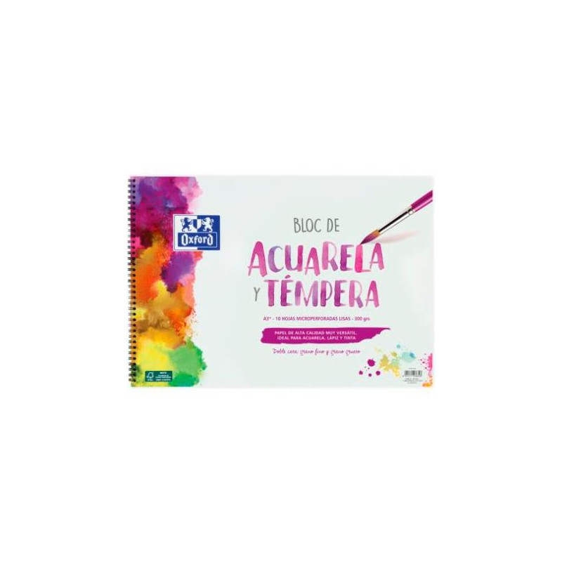 400148239 OXFORD BLOC PINTURA ACUARELA Y TÉMPERA 10H 300GR ESPIRAL A3+ LISO BLANCO