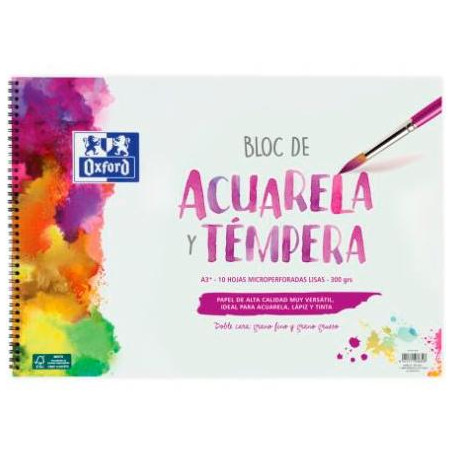 400148239 OXFORD BLOC PINTURA ACUARELA Y TÉMPERA 10H 300GR ESPIRAL A3+ LISO BLANCO