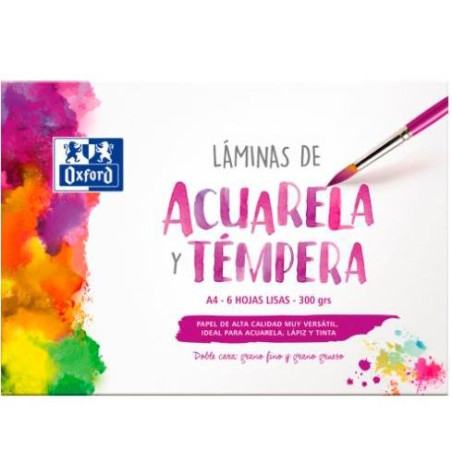 400151293 OXFORD LÁMINAS PARA PINTURA ACUARELA Y TÉMPERA 6H 300GR A4 LISO BLANCO