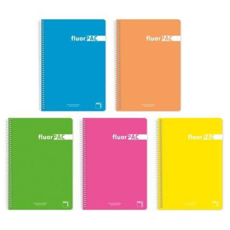 16551 PACSA CUADERNO FLUORPAC 80H FOLIO 90GR 4X4MM TAPAS PP PACK 5 UD COLORES SURTIDOS