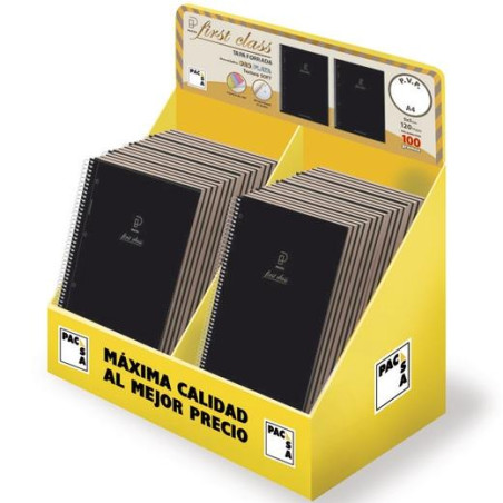 E22-01 PACSA CUADERNO FIRST CLASS 120H A5 100GR 5X5+GRECA MICROPERFORADO EXPOSITOR 24 UD TAPA NEGRA RELIEVE ORO/PLATA