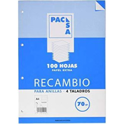 21231 PACSA RECAMBIO 100H A4 70GR 4X4MM 4 TALADROS PAPEL EXTRA