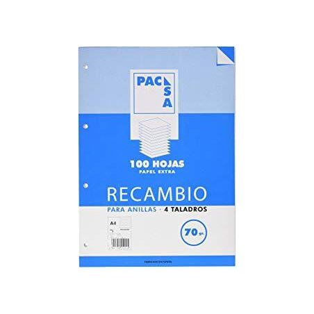 21231 PACSA RECAMBIO 100H A4 70GR 4X4MM 4 TALADROS PAPEL EXTRA