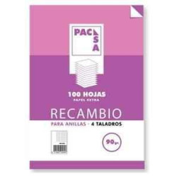 21262 PACSA RECAMBIO 100H A4 90GR 1 LÍNEA 4 TALADROS PAPEL EXTRA