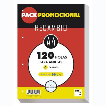 21810 PACSA RECAMBIO 120H A4 90GR 4X4MM 4 TALADROS PAPEL EXTRA