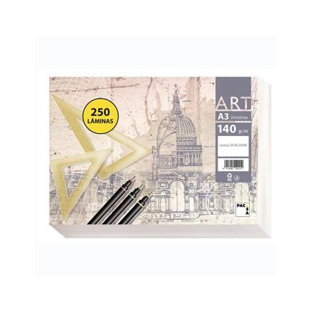 22021 PACSA PAPEL DE DIBUJO SERIE ART PAQUETE 250 LÁMINAS A3 140GR LISO SIN RECUADRO BLANCO