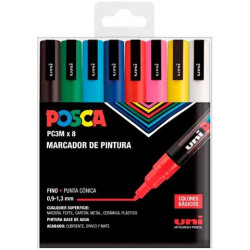 182634670 POSCA MARCADOR  PC-3M/8C NO PERMANENTE PUNTA FINA 0.9MM-1.3MM COLORES SURTIDOS BASIC -ESTUCHE 8U-