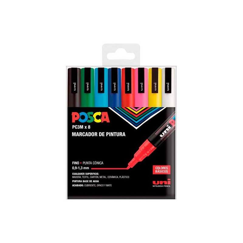 182634670 POSCA MARCADOR  PC-3M/8C NO PERMANENTE PUNTA FINA 0.9MM-1.3MM COLORES SURTIDOS BASIC -ESTUCHE 8U-