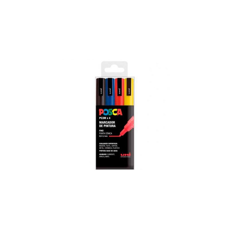 182634672 POSCA MARCADOR  PC-3M/4C NO PERMANENTE PUNTA FINA 0.9MM-1.3MM COLORES SURTIDOS BASIC -ESTUCHE 4U-