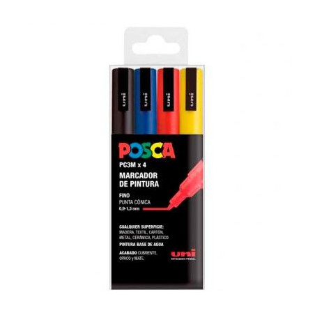 182634672 POSCA MARCADOR  PC-3M/4C NO PERMANENTE PUNTA FINA 0.9MM-1.3MM COLORES SURTIDOS BASIC -ESTUCHE 4U-