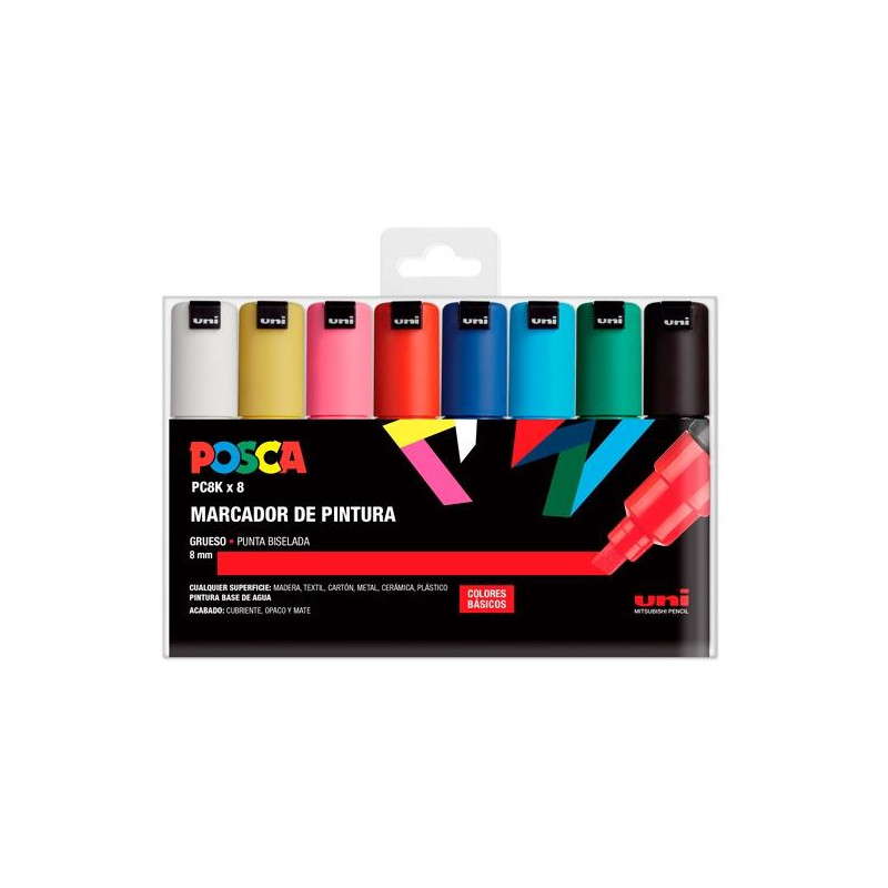 182634675 POSCA MARCADOR  PC-8K/8C NO PERMANENTE PUNTA BISELADA 8.0MM COLORES SURTIDOS BASIC -ESTUCHE 8U-