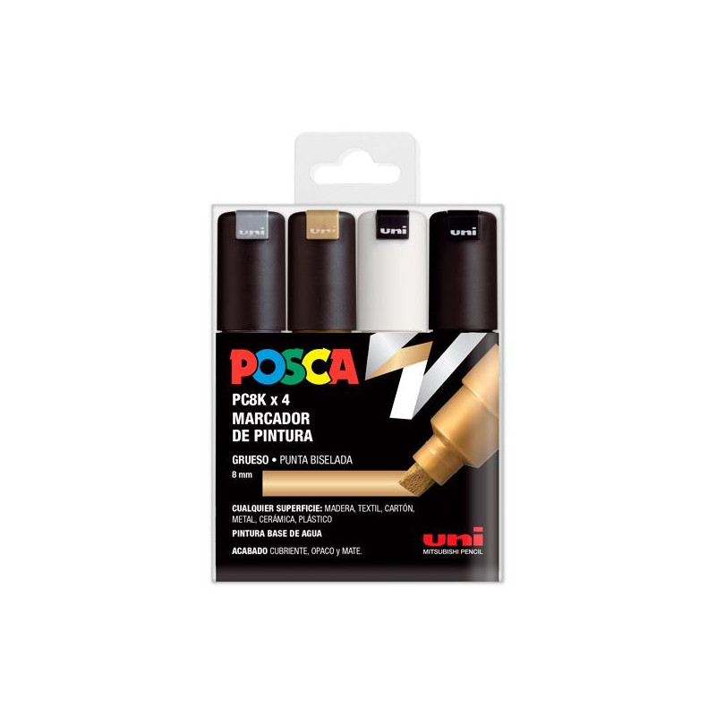 182634677 POSCA MARCADOR  PC-8K/4C NO PERMANENTE PUNTA BISELADA 8.0MM COLORES SURTIDOS GSWB -ESTUCHE 4U-