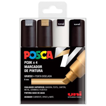 182634677 POSCA MARCADOR  PC-8K/4C NO PERMANENTE PUNTA BISELADA 8.0MM COLORES SURTIDOS GSWB -ESTUCHE 4U-