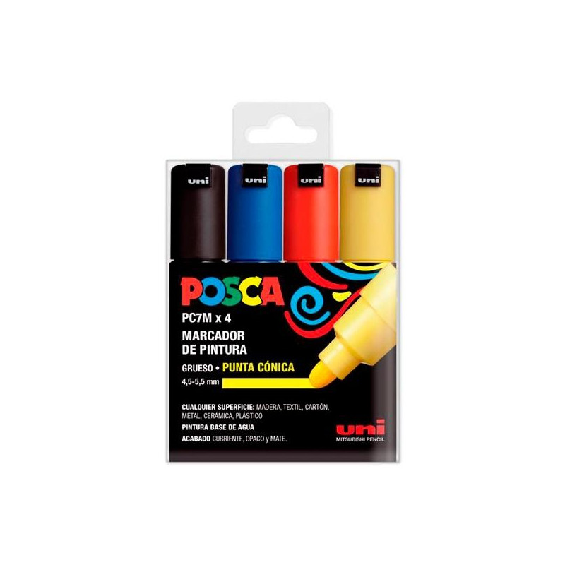 182634678 POSCA MARCADOR PC-7M/4C NO PERMANENTE PUNTA BISELADA 4.5-5.5MM COLORES SURTIDOS BASIC -ESTUCHE 4U-