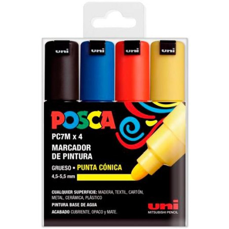 182634678 POSCA MARCADOR PC-7M/4C NO PERMANENTE PUNTA BISELADA 4.5-5.5MM COLORES SURTIDOS BASIC -ESTUCHE 4U-