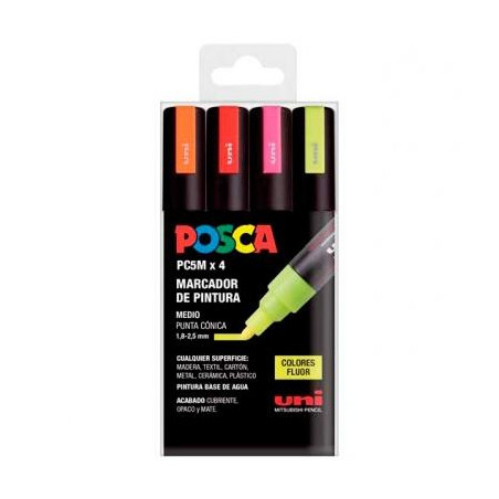 182634682 POSCA MARCADOR  PC-5M/4C NO PERMANENTE 1.8MM-2.5MM COLORES SURTIDOS FLUOR -ESTUCHE 4U-