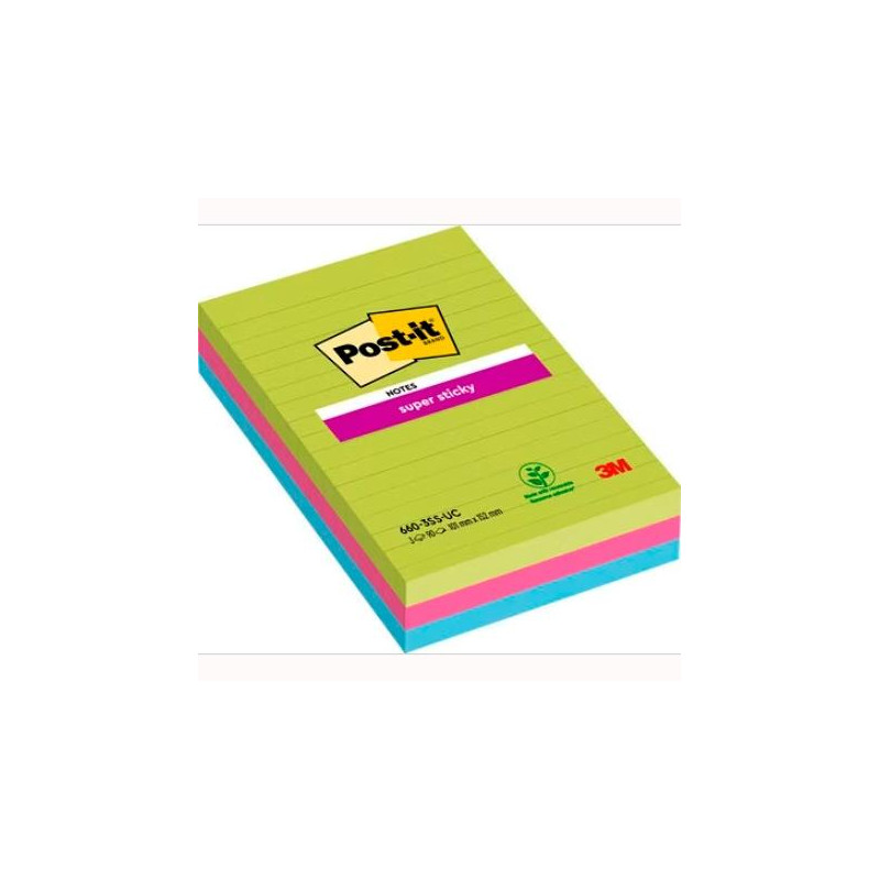 7100235020 POST-IT BLOC NOTAS ADHESIVAS SUPER STICKY CON LÍNEAS 90H FORMATO GRANDE 102X152 C/SURTIDOS PAQUETE 3 UD