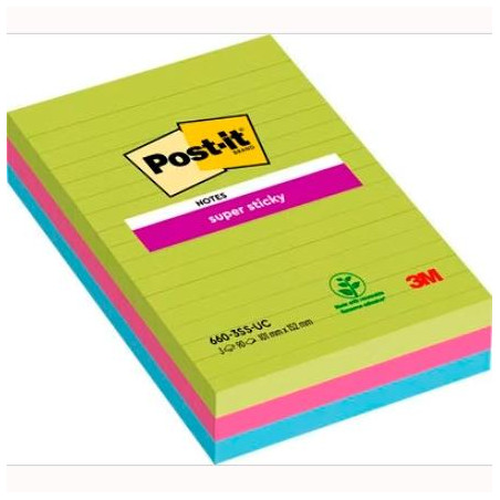 7100235020 POST-IT BLOC NOTAS ADHESIVAS SUPER STICKY CON LÍNEAS 90H FORMATO GRANDE 102X152 C/SURTIDOS PAQUETE 3 UD