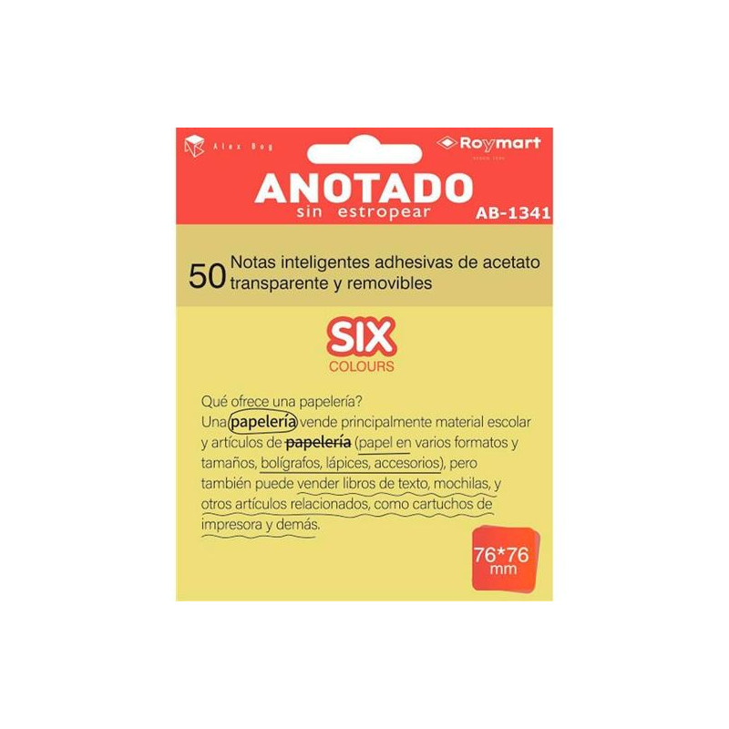 AB-1341 ROYMART BLOC NOTAS ADHESIVAS INTELIGENTES REMOVIBLES 50H 76X76 ACETATO TRANSPARENTE AMARILLO FLUORESCENTE