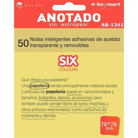 AB-1341 ROYMART BLOC NOTAS ADHESIVAS INTELIGENTES REMOVIBLES 50H 76X76 ACETATO TRANSPARENTE AMARILLO FLUORESCENTE