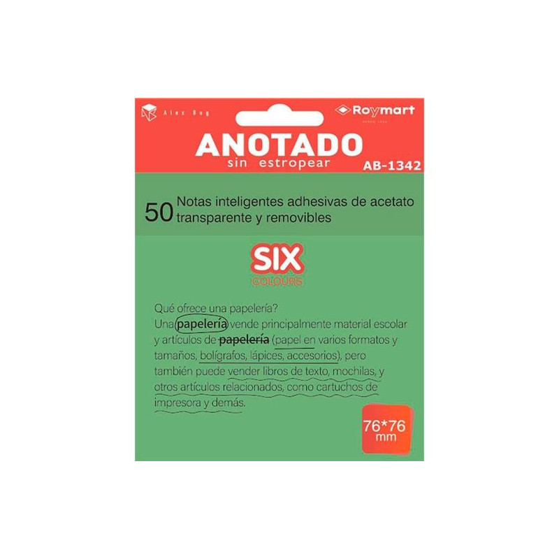 AB-1342 ROYMART BLOC NOTAS ADHESIVAS INTELIGENTES REMOVIBLES 50H 76X76 ACETATO TRANSPARENTE VERDE FLUORESCENTE