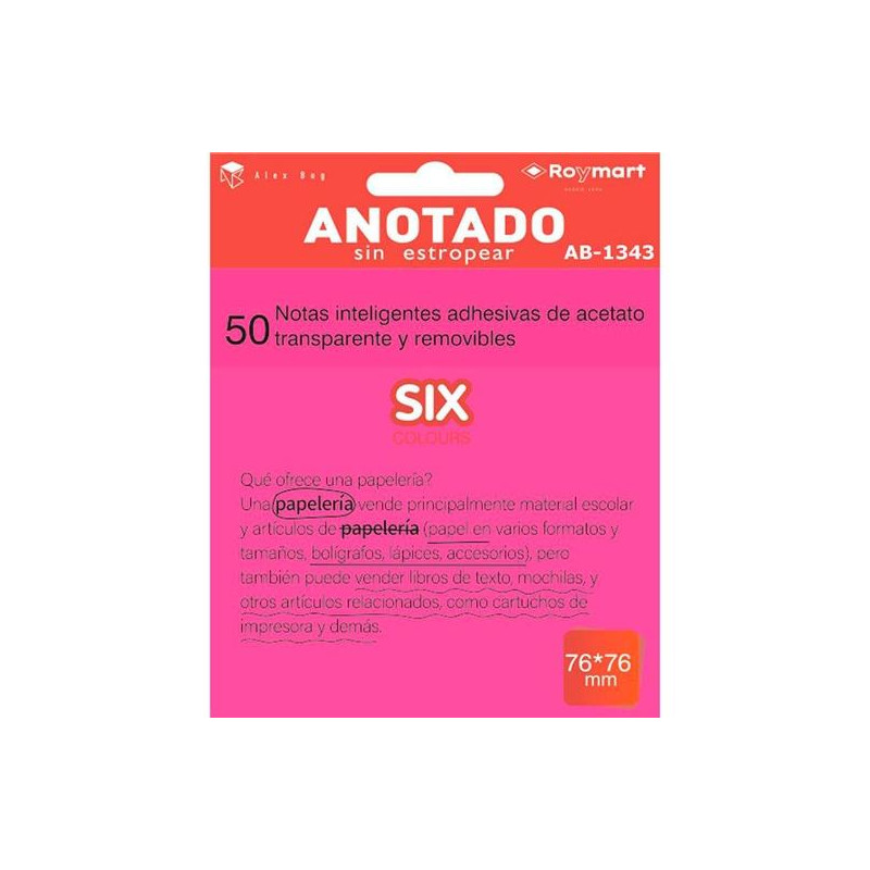 AB-1343 ROYMART BLOC NOTAS ADHESIVAS INTELIGENTES REMOVIBLES 50H 76X76 ACETATO TRANSPARENTE ROSA FLUORESCENTE