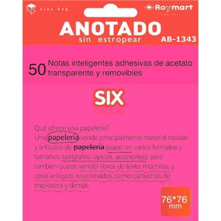 AB-1343 ROYMART BLOC NOTAS ADHESIVAS INTELIGENTES REMOVIBLES 50H 76X76 ACETATO TRANSPARENTE ROSA FLUORESCENTE