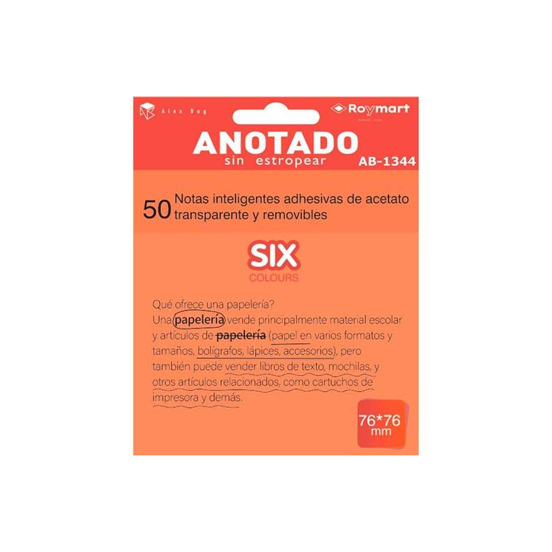 AB-1344 ROYMART BLOC NOTAS ADHESIVAS INTELIGENTES REMOVIBLES 50H 76X76 ACETATO TRANSPARENTE NARANJA FLUORESCENTE