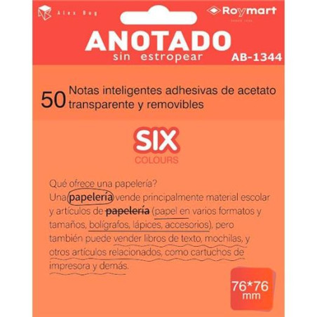 AB-1344 ROYMART BLOC NOTAS ADHESIVAS INTELIGENTES REMOVIBLES 50H 76X76 ACETATO TRANSPARENTE NARANJA FLUORESCENTE