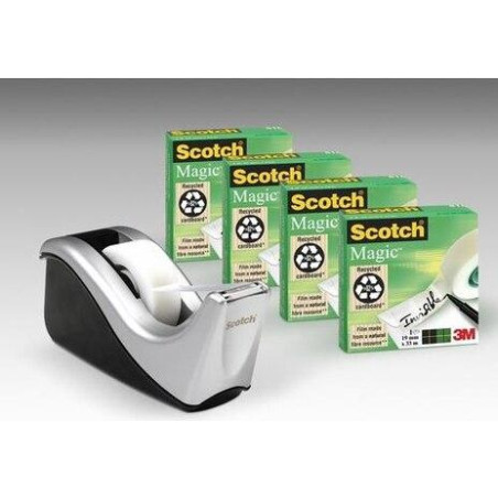 7100040322 SCOTCH DISPENSADOR C60 NEGO/PLATA + 4 ROLLOS CINTA SCOTCH MAGIC 19MMX33M