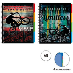 12306230 SENFORT CUADERNO ESPIRAL BMX 120H A5 4 SEPARADORES T/DURA 2 DISEÑOS SURTIDOS