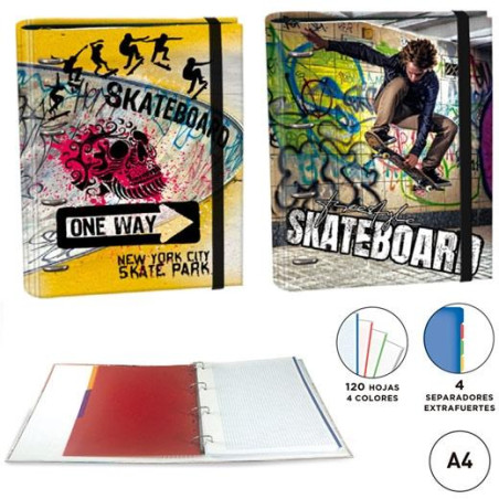 18104230 SENFORT CARPETA ANILLAS 4 X 30MM RINGBOOK C/RECAMBIO 120H A4 C/GOMA 4 SEPARADORES SKATEBOARD SURTIDO