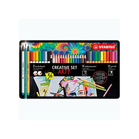 87/3193 STABILO ROTULADORES CREATIVE SET ARTY C/SURTIDOS 12 POINT 88 + 8 PEN 68 BRUSH + 16 AQUACOLOR CAJA DE METAL 36 UD