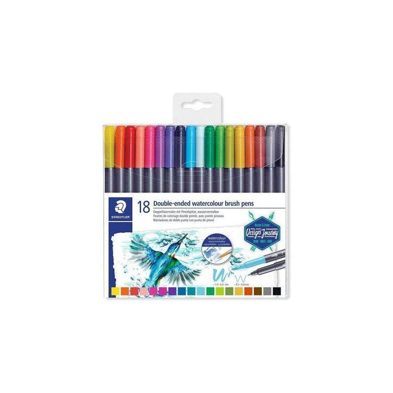 3001 TB18 STAEDTLER ROTULADORES DESIGN JOURNEY DOBLE PUNTA FINA/PINCEL ACUARELABLES C/SURTIDOS ESTUCHE 18 UD