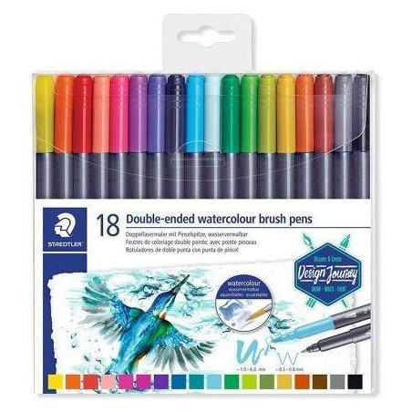 3001 TB18 STAEDTLER ROTULADORES DESIGN JOURNEY DOBLE PUNTA FINA/PINCEL ACUARELABLES C/SURTIDOS ESTUCHE 18 UD