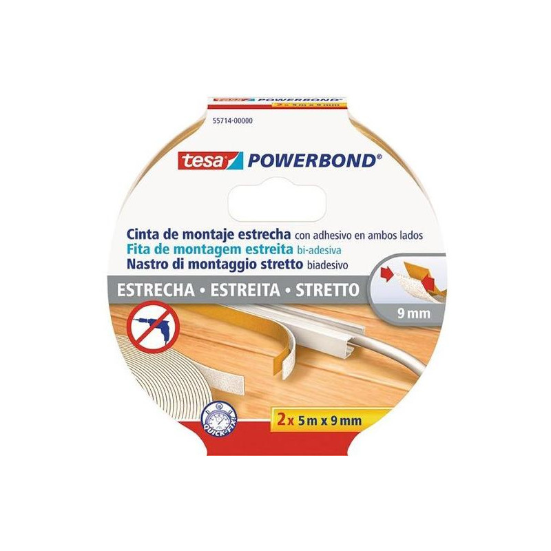 55714-00000-02 TESA CINTA ADHESIVA DE MONTAJE ESTRECHA DOBLE CARA POWERBOND 2 ROLLOS 9MM X 5M TRANSPARENTE