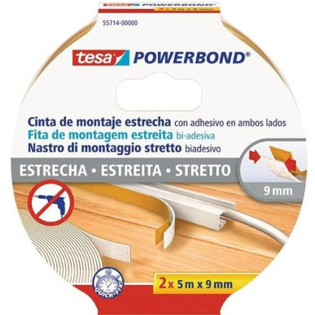 55714-00000-02 TESA CINTA ADHESIVA DE MONTAJE ESTRECHA DOBLE CARA POWERBOND 2 ROLLOS 9MM X 5M TRANSPARENTE