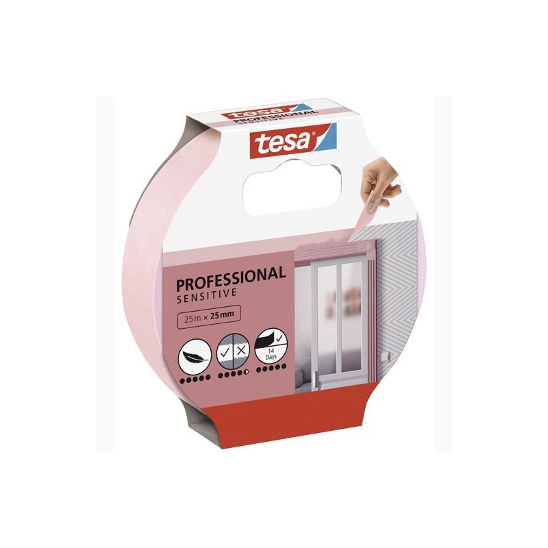 56260-00001-02 TESA CINTA ADHESIVA DE ENMASCARAR PROFESSIONAL SENSITIVE PARA PINTOR ROLLO 25MX25MM ROSA