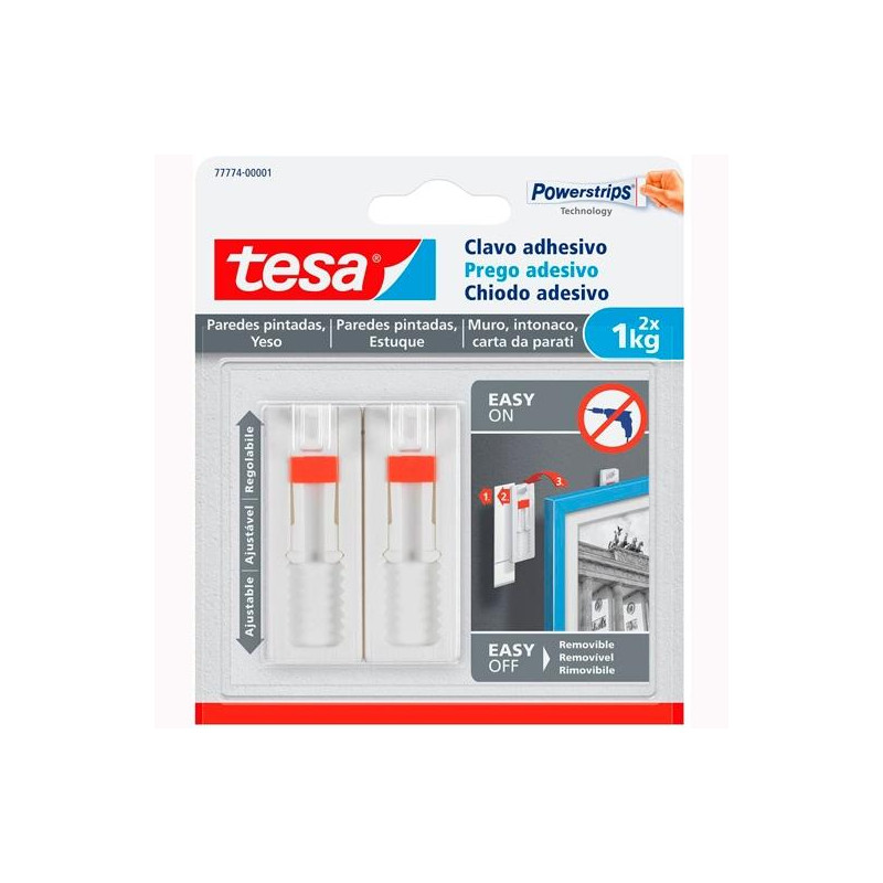 77774-00001-00 TESA PACK DE 2 CLAVO ADHESIVO AJUSTABLE HASTA 1KG PARA PARED LISA