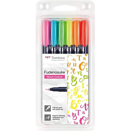 WS-BH-6P TOMBOW FUDENOSUKE ROTULADORES CALIGRAFÍA PUNTA ELÁSTICA DURA C/SURTIDOS NEÓN ESTUCHE 6 UD