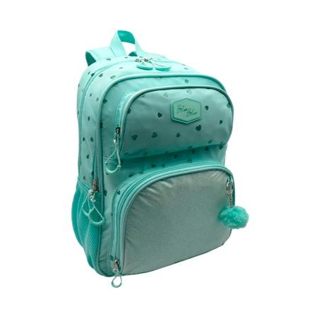 T434-1033 TOYBAGS MOCHILA PRIMARIA BLIN-BLIN CORAZONES MENTA DOBLE COMPARTIMENTO ADAPTABLE A CARRO