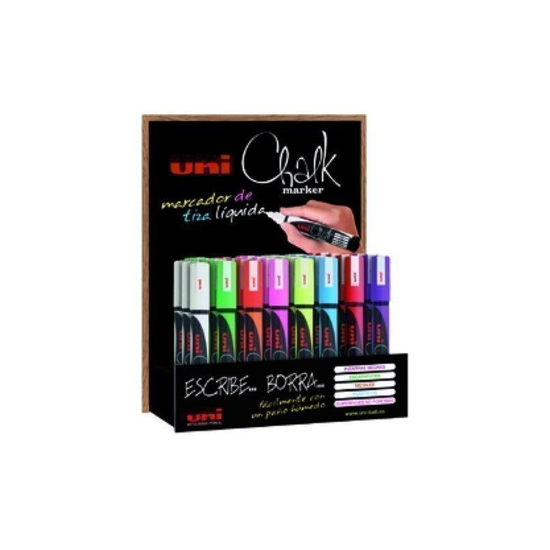 182634541 UNIBALL MARCADOR DE TIZA LÍQUIDA CHALK PWE-5M/3D COLORES SURTIDOS EXPOSITOR 36 UD