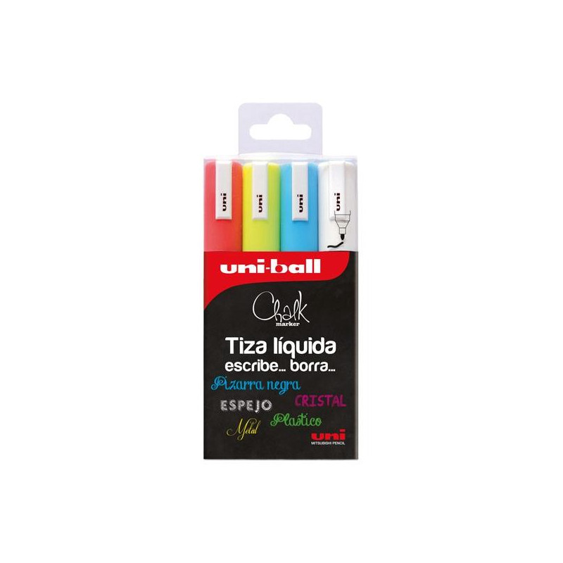 182634786 UNIBALL MARCADOR DE TIZA LÍQUIDA CHALK PWE-5M 4P COLOERS SURTIDOS BLÍSTER 4 UD