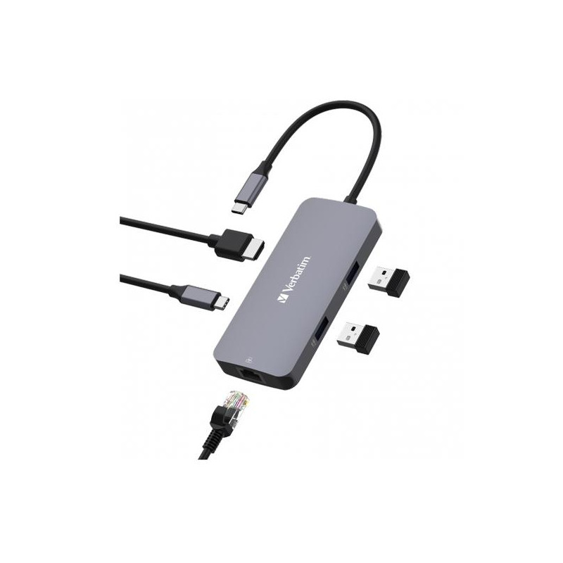 32150 VERBATIM HUB PRO USB-C A 1XHDMI/1XRJ45/2XUSB-A 3.0/1XUSB-C PD PLATA