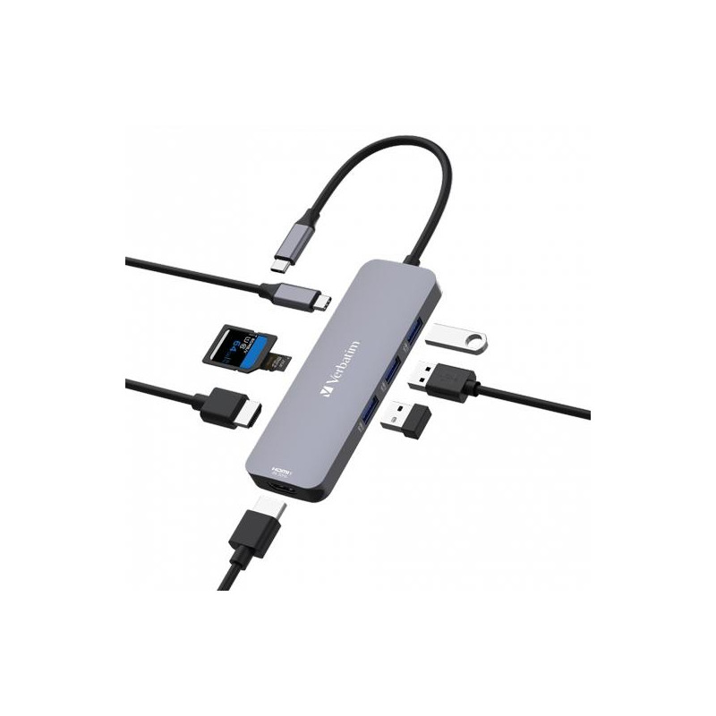 32151 VERBATIM HUB PRO USB-C A 3XUSB 3.2 /2XHDMI /1XUSB-C PW/1XSD/1XMICROSD PLATA