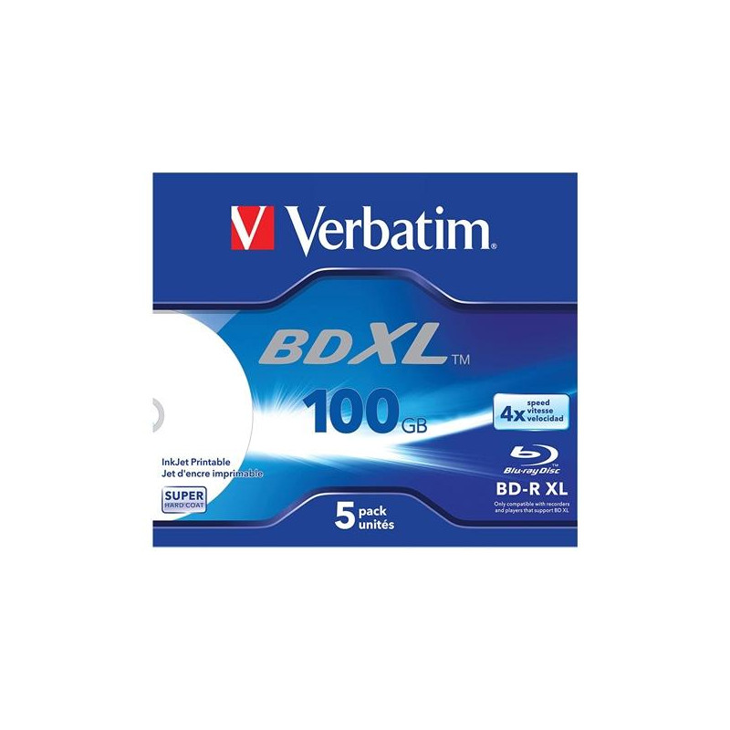 43789 VERBATIM BD-R XL BLU-RAY 100GB 4X SPEED DATALIFE WHITE INKJET PRINTABLE - 5 EN CAJA JEWEL