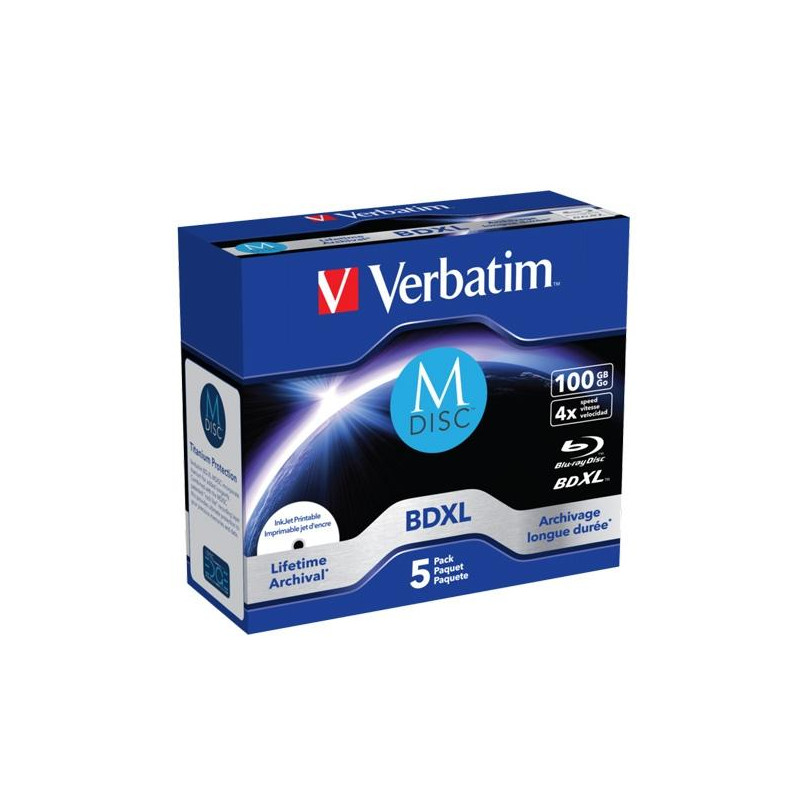 43834 VERBATIM BDXL MDISC BLU-RAY 100GB 4X SPEED DATALIFE WHITE BLUE SURFACE- 5 PACK