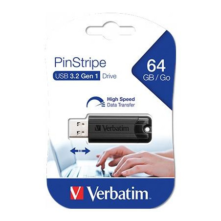 49318 VERBATIM PENDRIVE PINSTRIPE 64GB HIGH SPEED RETRÁCTIL USB 3.2 NEGRO