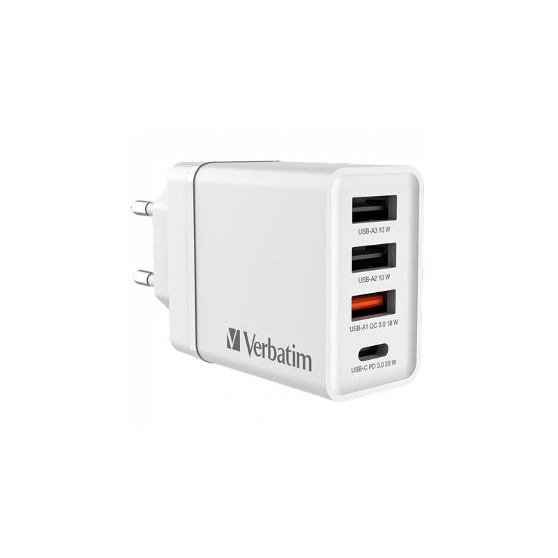 49701 VERBATIM CARGADOR PARED GAN 30W 1XUSB-C PD/1XUSB-A 3.0/2XUSB-A